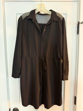 LOFT Black Long-Sleeve Tie-Waist Shirt Dress with Mesh Yoke